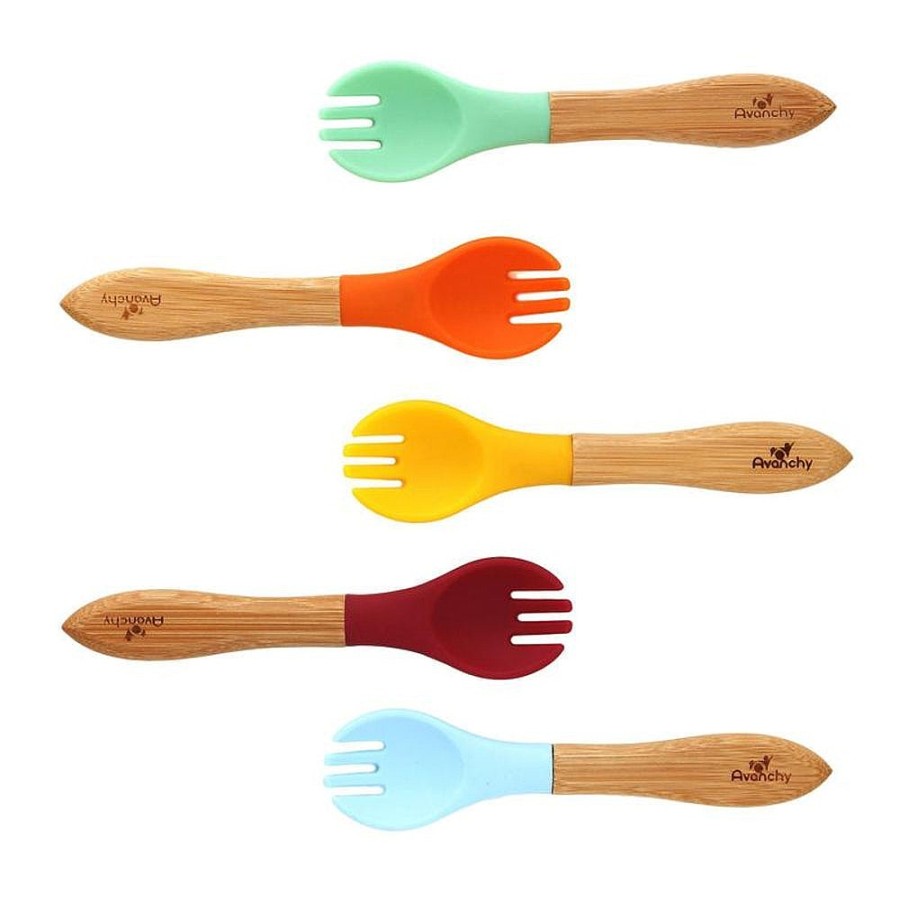 Feeding Snuggle Bugz | Bamboo Baby Forks - 5 Pack Green/Blue/Red/Yellow/Orange